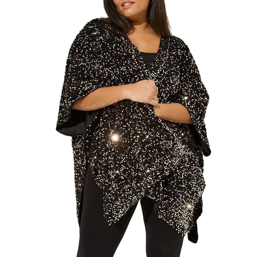 Torrid Elegant Black/Gold Party Sequined Ruana kimono cardigan Women Plus O/S